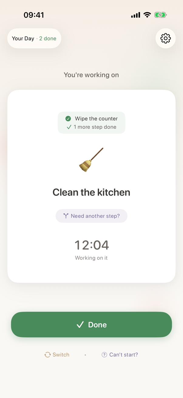 Active task with micro-steps and progress timer